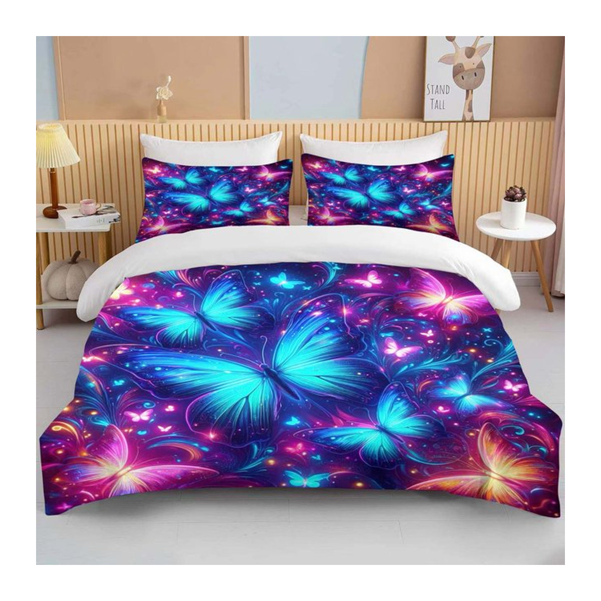 Bettwäsche Set mit Neon Schmetterling und Rosen Druck, Multicolor, B/B: 135 x 200 cm mit 2 Kissenbezügen und Reißverschluss - Bild 1