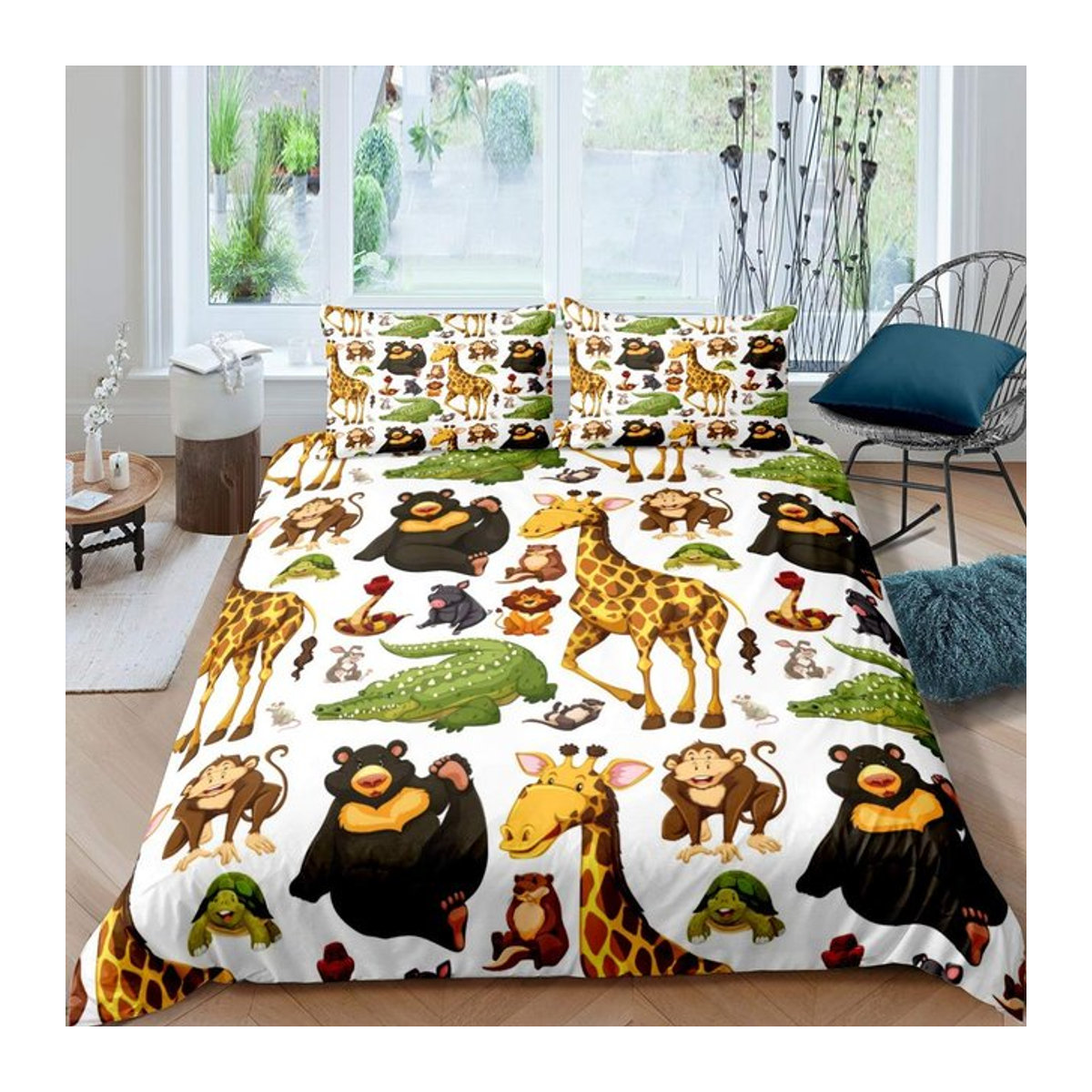 Bettwäsche-Set mit niedlichen Cartoon-Wildtieren wie Giraffe, Affe, Tiger und Elefant in Multicolor, Polyester, B/H: 135 x 200 cm - Bild 1