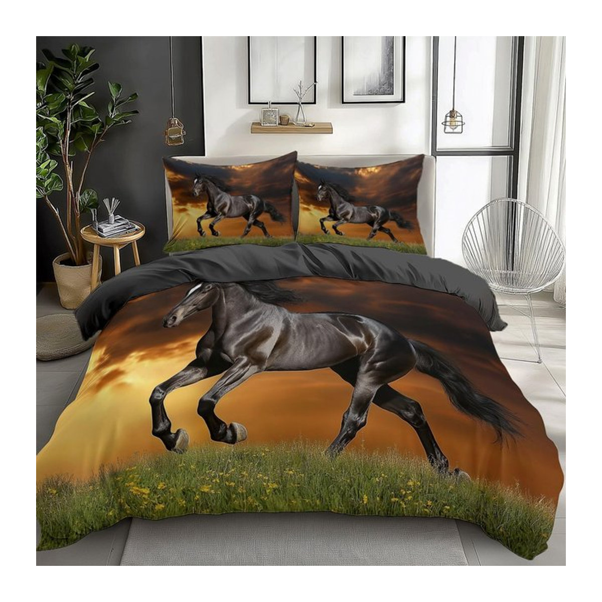Bettwäsche-Set mit Pferd und grünem Gras Motiv für Kinder und Teenager von Creative Homewares, Farbe: Grün/Multicolor, B/H: 135 x 200 cm - Bild 1