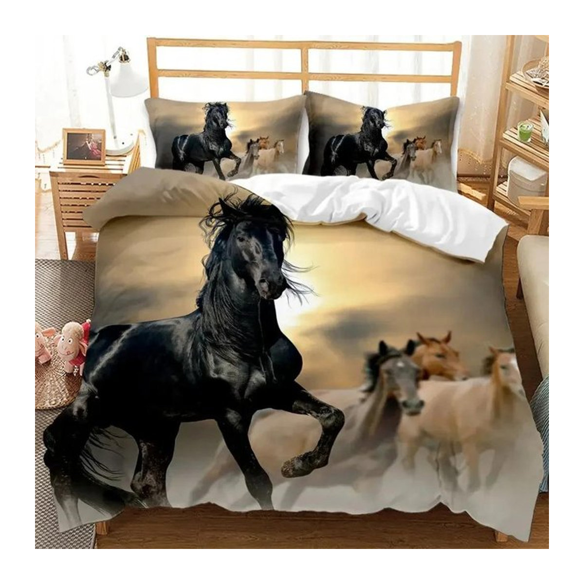 Bettwäsche Set mit Pferdemotiv Galoppierendes Pferd im Sternenhimmel aus Polyester, 3-teilig, B/H: 135 x 200 cm - Bild 1