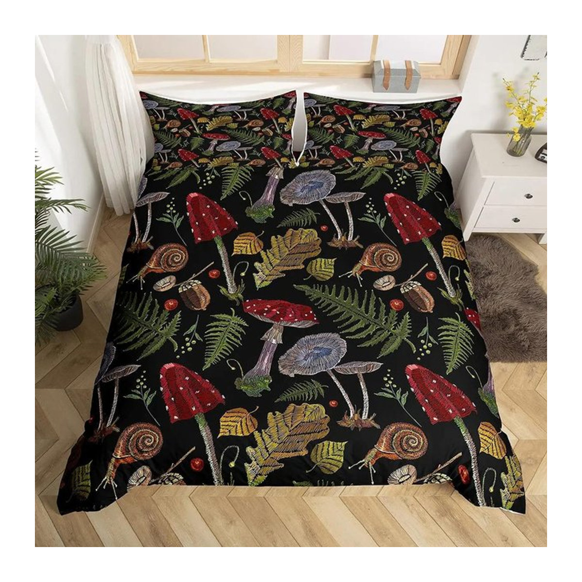 Bettwäsche Set mit Pilz- und Herbstblattmuster von Jessica Chen, Burgunder und Multicolor, 3-teilig, B/H: 135 x 200 cm - Bild 1