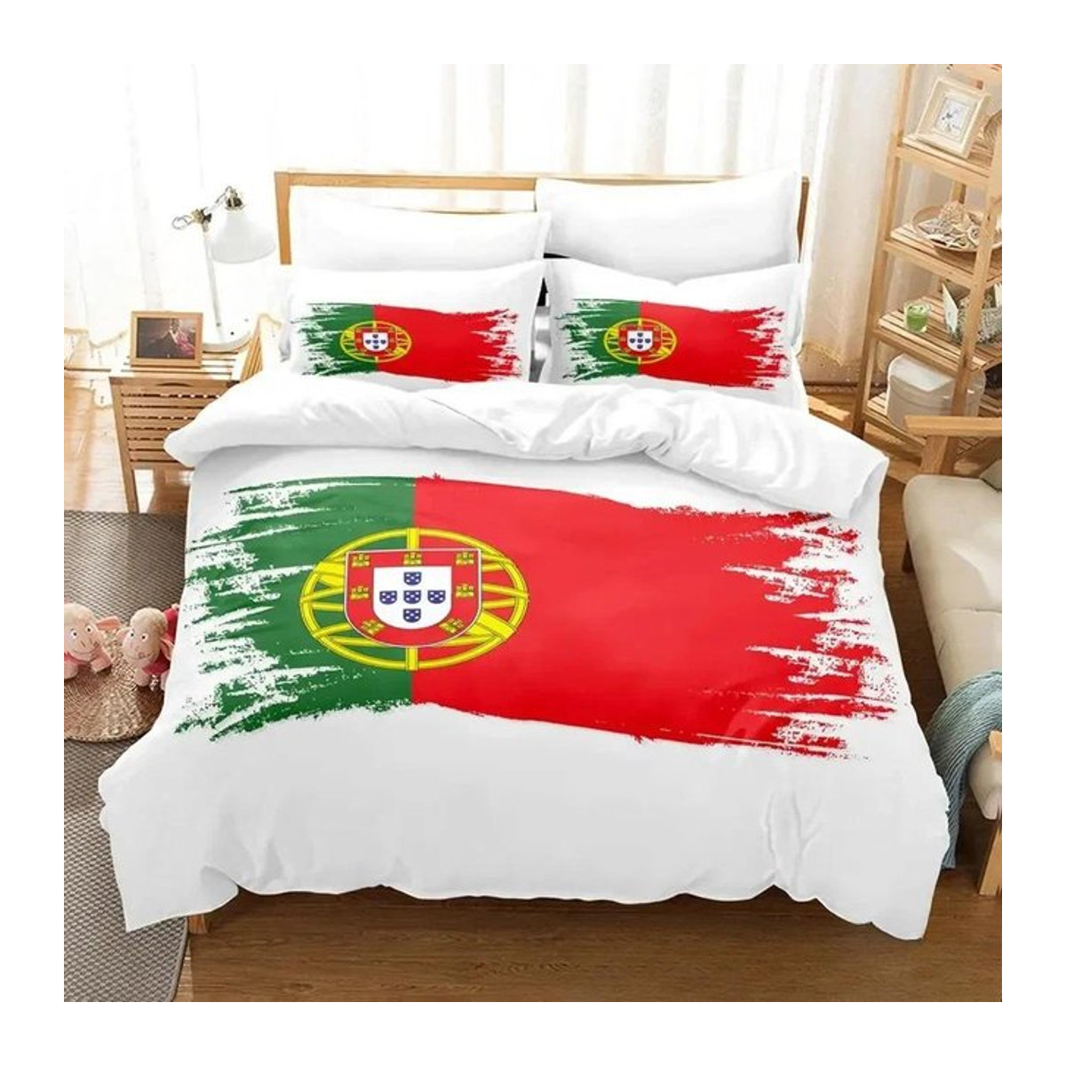Bettwäsche-Set mit Portugal Flagge Design in Multicolor, bestehend aus Bettbezug und Kissenbezug mit Reißverschluss, B/H: 70 x 133 cm - Bild 1