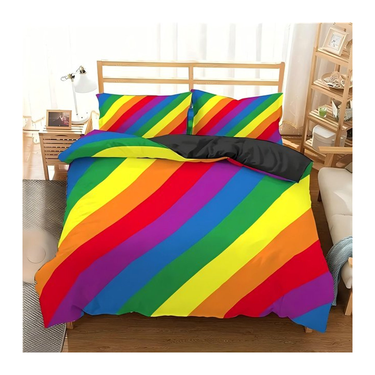 Bettwäsche-Set mit Regenbogenstreifen im 3D-Druck, geometrisches Design, Multicolor, Bettbezug und Kissenbezug, B/H: 135 x 200 cm - Bild 1