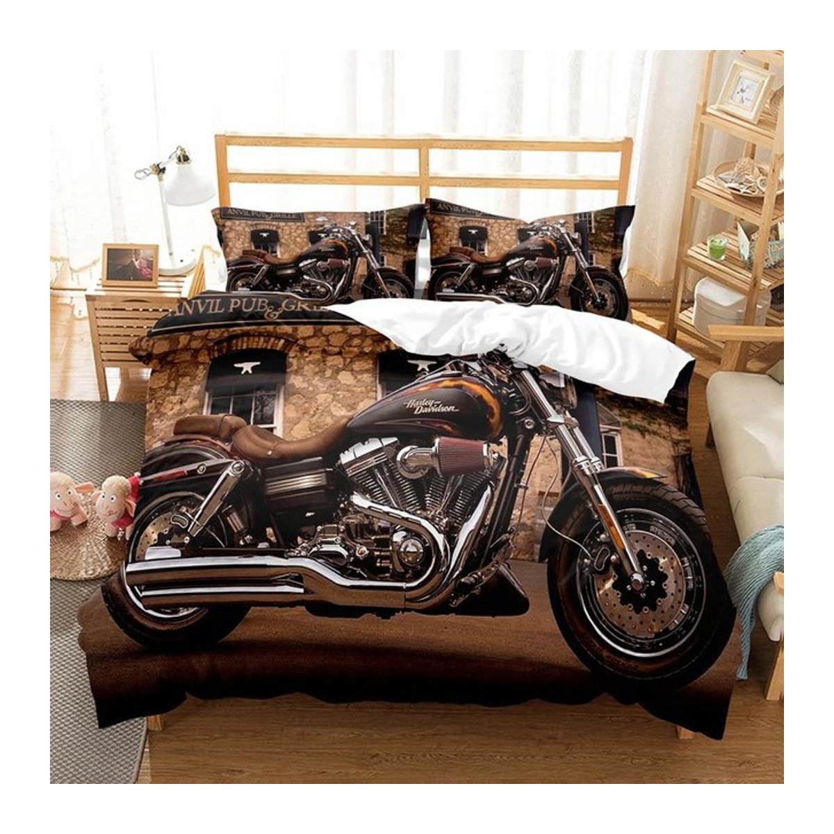 Bettwäsche Set mit Retro Motorrad und Traktor Design, 3-teiliges Bettbezug Set für Schlafzimmer, Single B/H: 135 x 200 cm - Bild 1