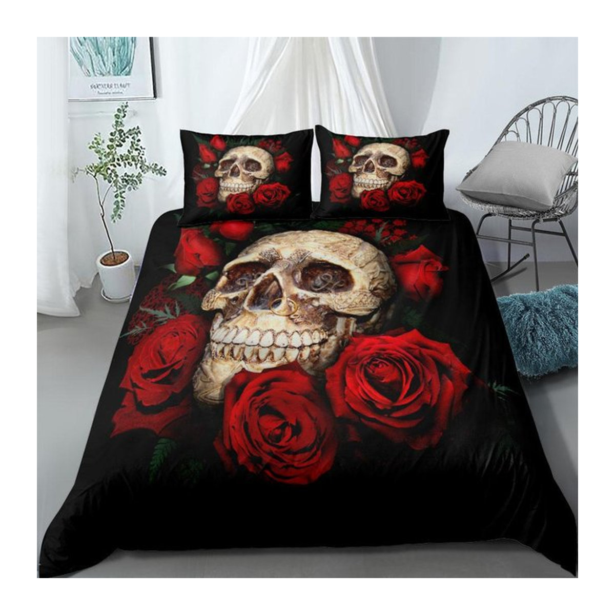 Bettwäsche Set mit Totenkopf-Motiv und Reißverschluss, EU Einzelgröße (B/H: 135 x 200 cm) - Bild 1