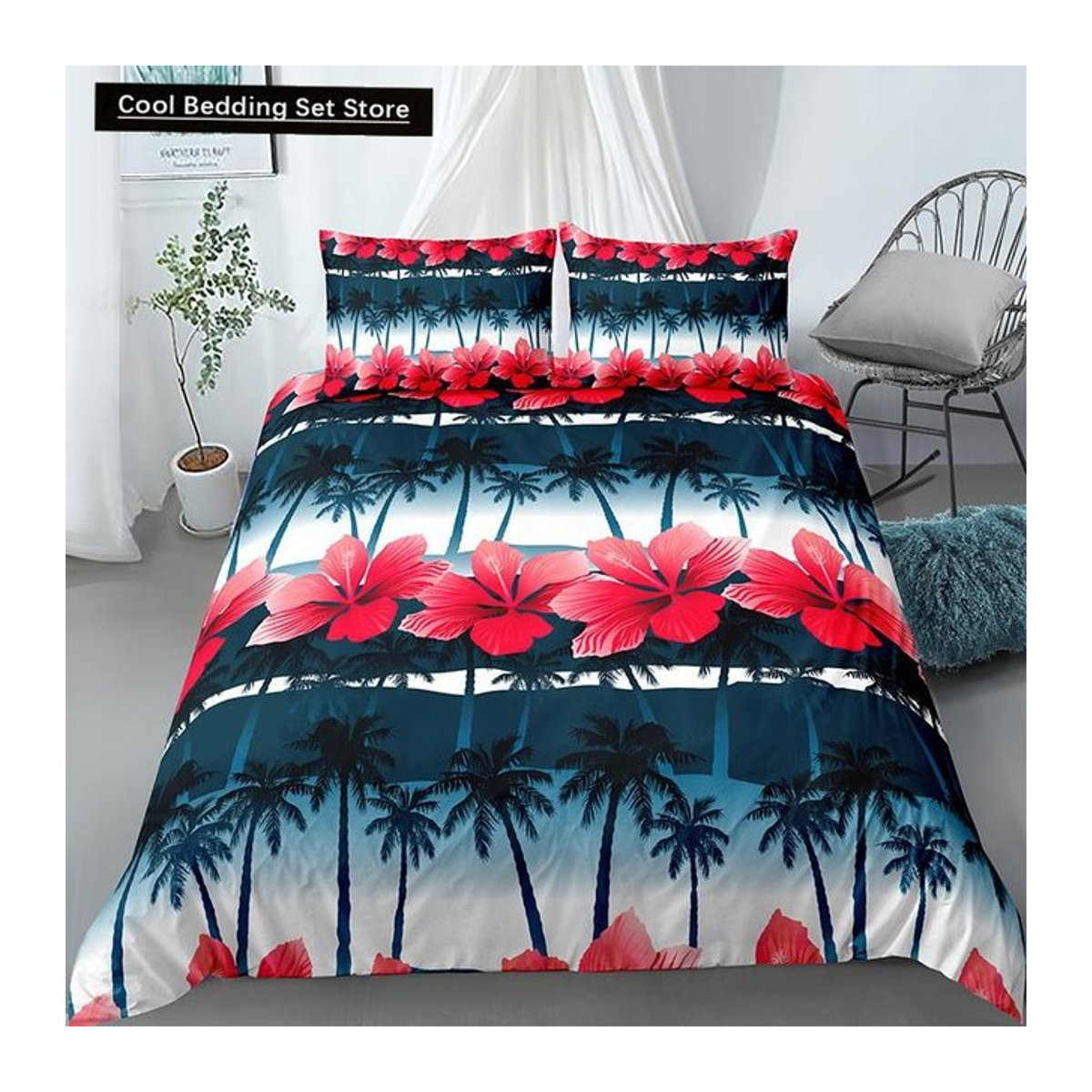 Bettwäsche-Set mit tropischem Kokospalmen-Motiv und Hawaii-Meeresküste, 3-teilig, Polyester, B/H: 135 x 200 cm - Bild 1