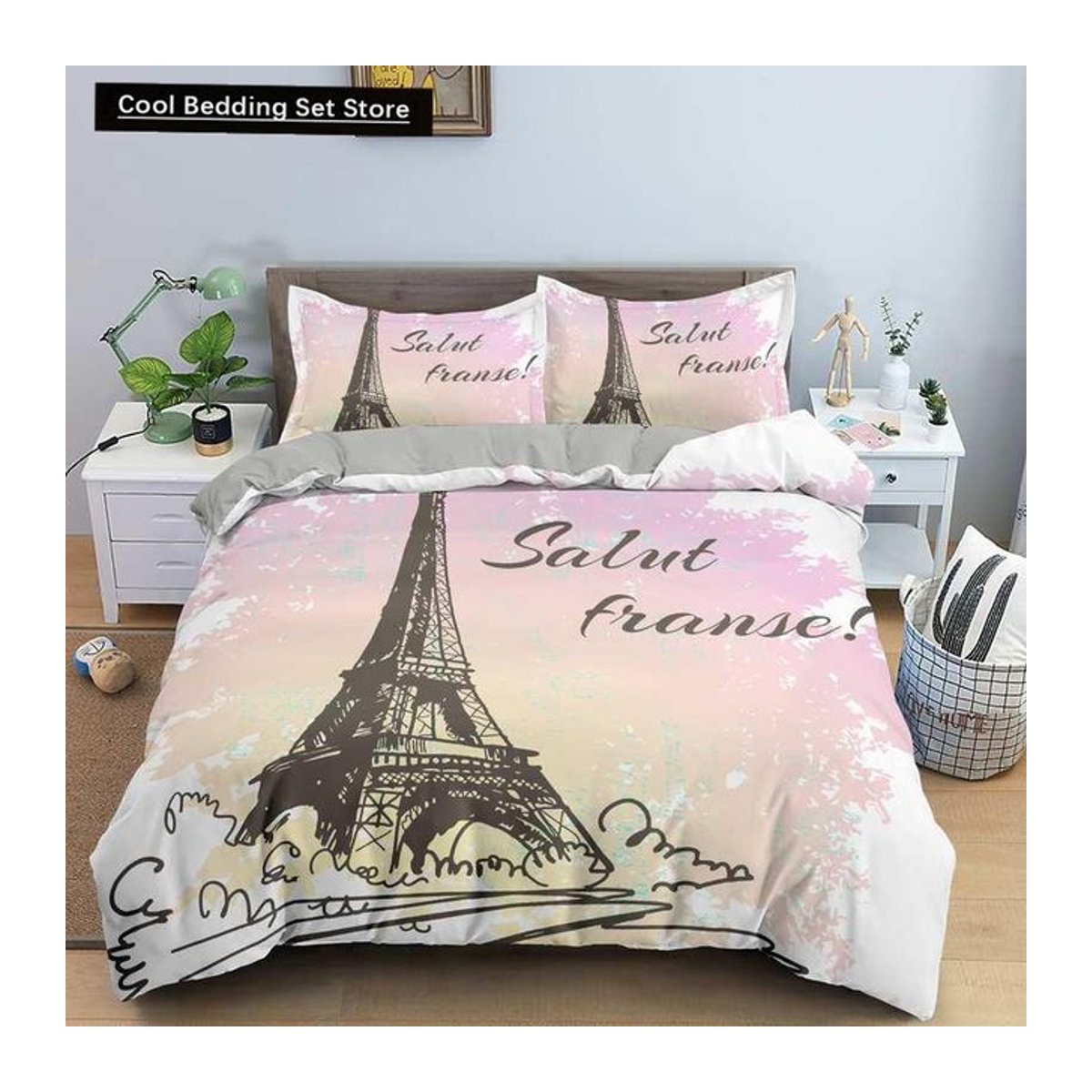Bettwäsche Set Paris Eiffelturm Design aus Polyester für Damen und Mädchen, 3-teilig, B/H: 135 x 200 cm - Bild 1