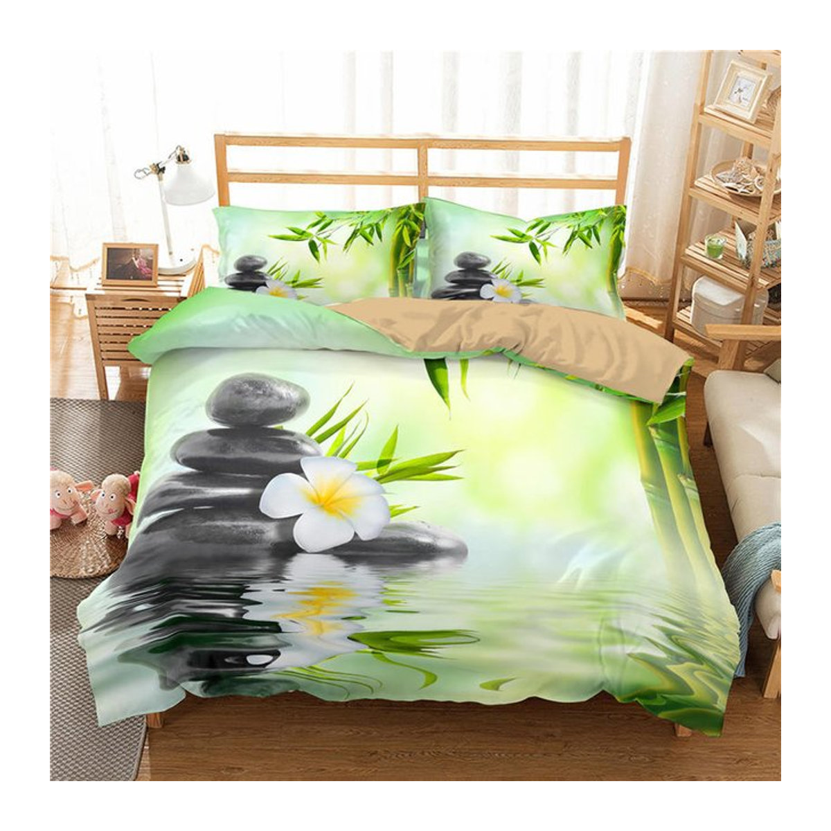 Bettwäsche Set Zen Stone Grün mit Bambus und Natur-Wasser-Druck von Binchi Fitness, B/H: 135 x 200 cm - Bild 1