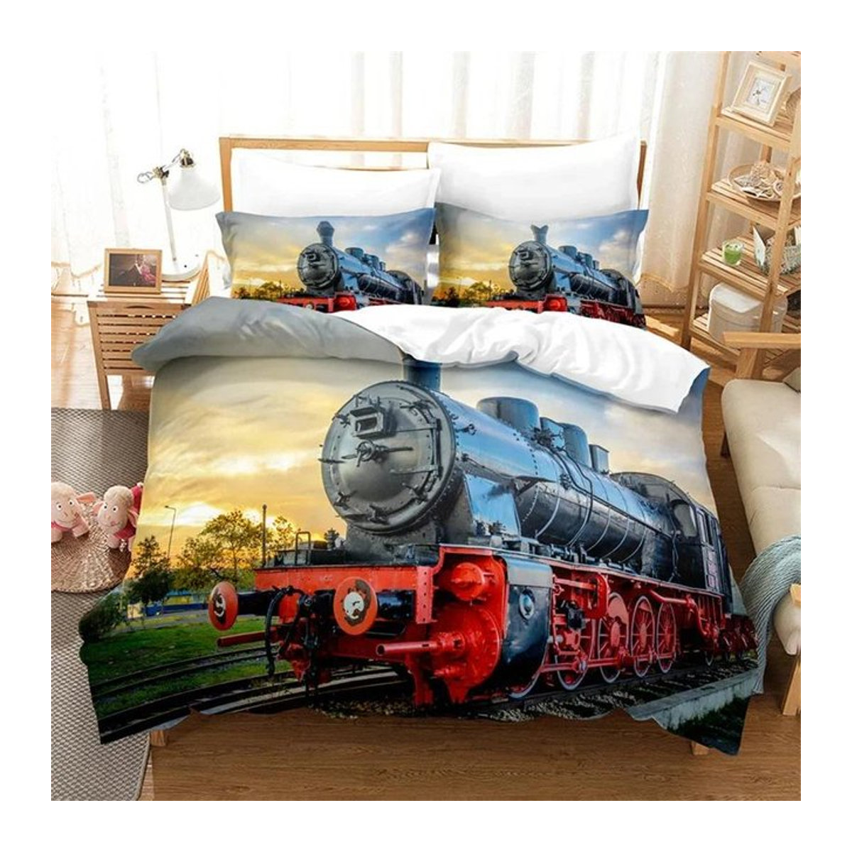 Bettwäsche-Set Zug Motiv mit Dampflok für Kinder und Teenager aus Mikrofaser, 3-teilig, B/H: 135 x 200 cm - Bild 1