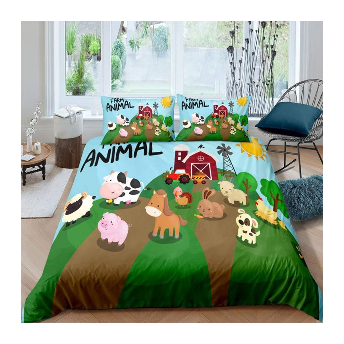 Bettwäscheset Bauernhoftiere mit Kuh, Schwein, Ente und Schaf in Grün von Binchi Fitness, Bettbezug mit Reißverschluss, B/B: 200 x 200 cm - Bild 1
