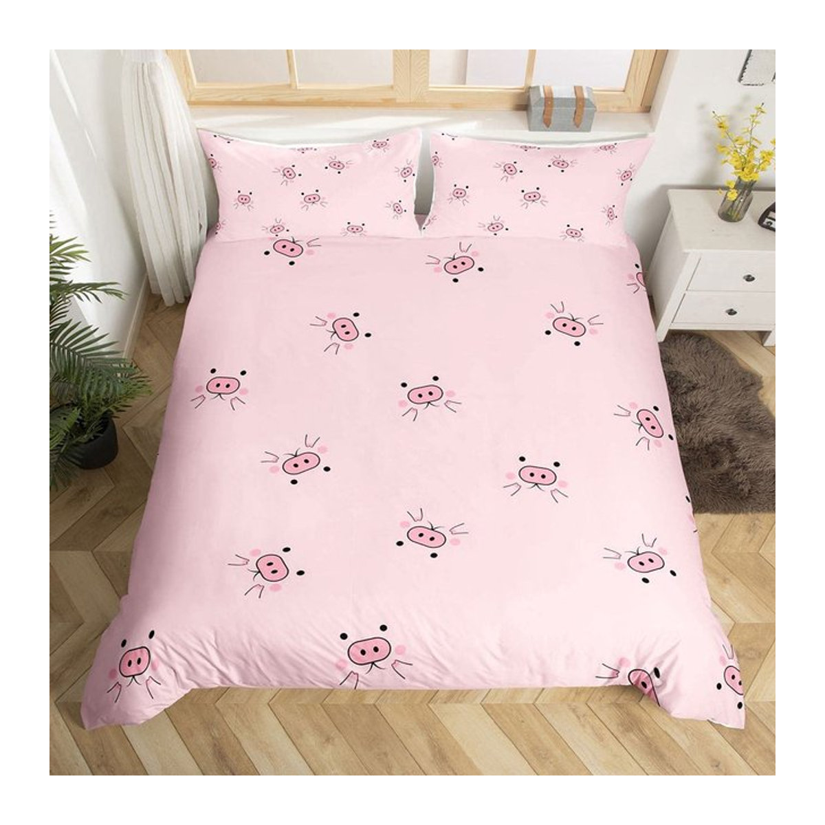 Bettwäscheset Cartoon Kawaii Schweinchen Rosa mit Reißverschluss, 2/3-teilig aus Polyester, B/H: 135 x 200 cm - Bild 1