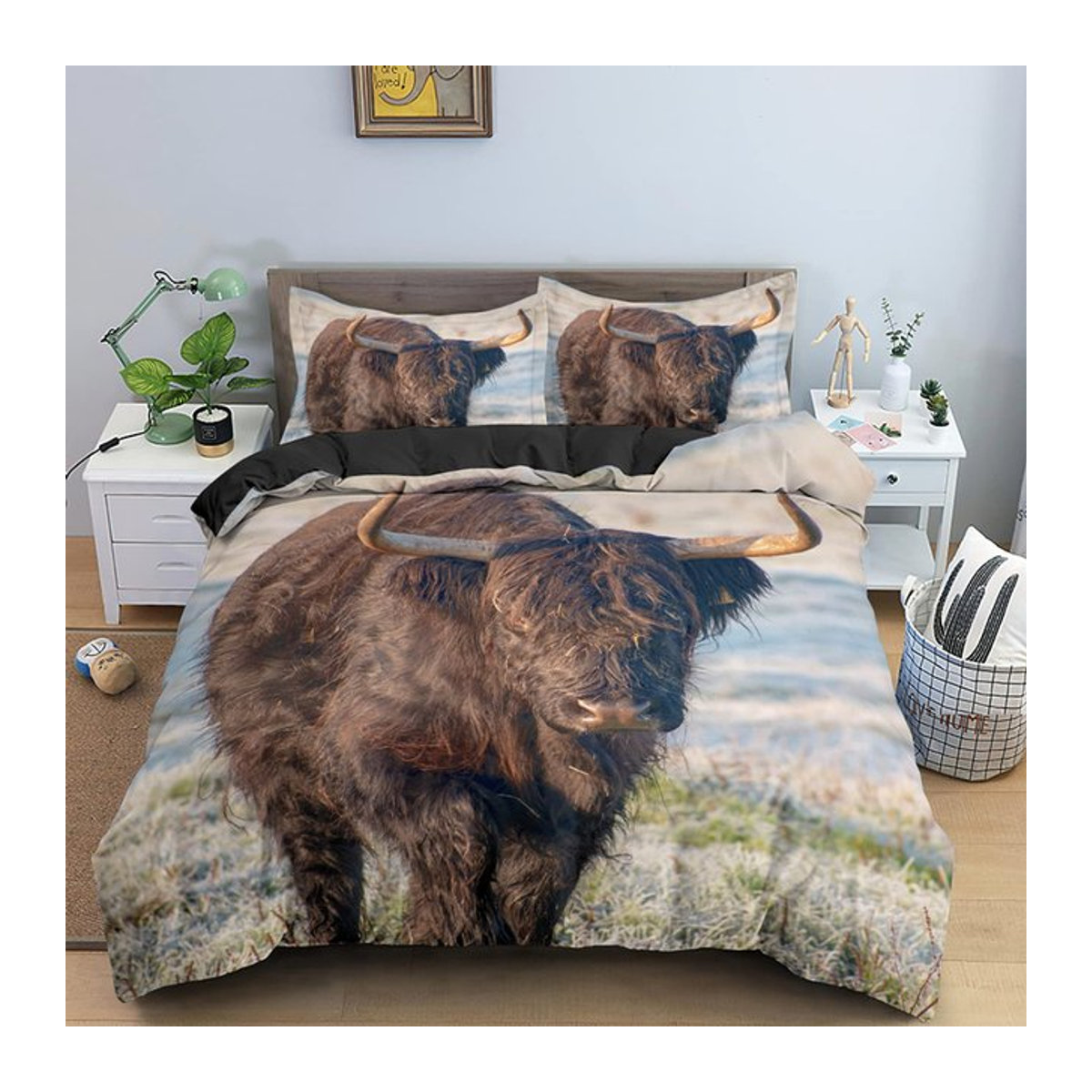 Bettwäscheset Hochlandkuh mit Bettbezug und Kissenbezügen für Erwachsene, Design Rinder Bauernhoftier, Polyester, B/H: 135 x 200 cm - Bild 1