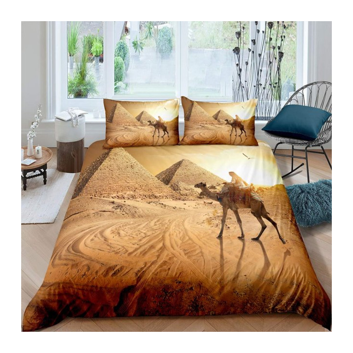 Bettwäscheset im Vintage-Stil mit ägyptischem Pyramiden- und Kamel-Wüstenmotiv von Jessica Chen, 3-teilig, Single, B: 140 cm, L: 210 cm - Bild 1