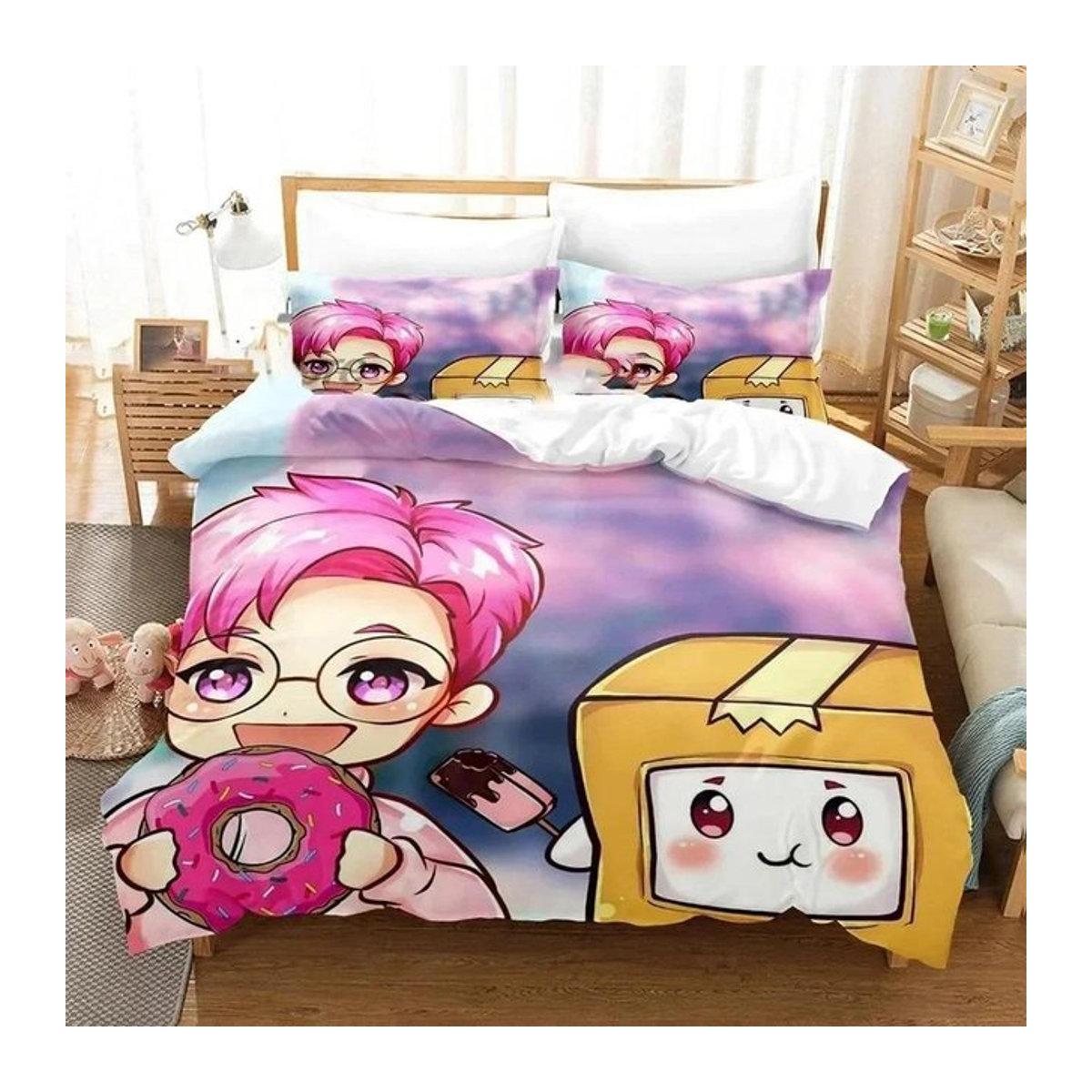 Bettwäscheset mit 3D-Druck Cartoon Foxy Boxy Lanky-box Design inklusive Bettbezug und Kissenbezügen mit Reißverschluss, Größe: 70 x 133 cm - Bild 1