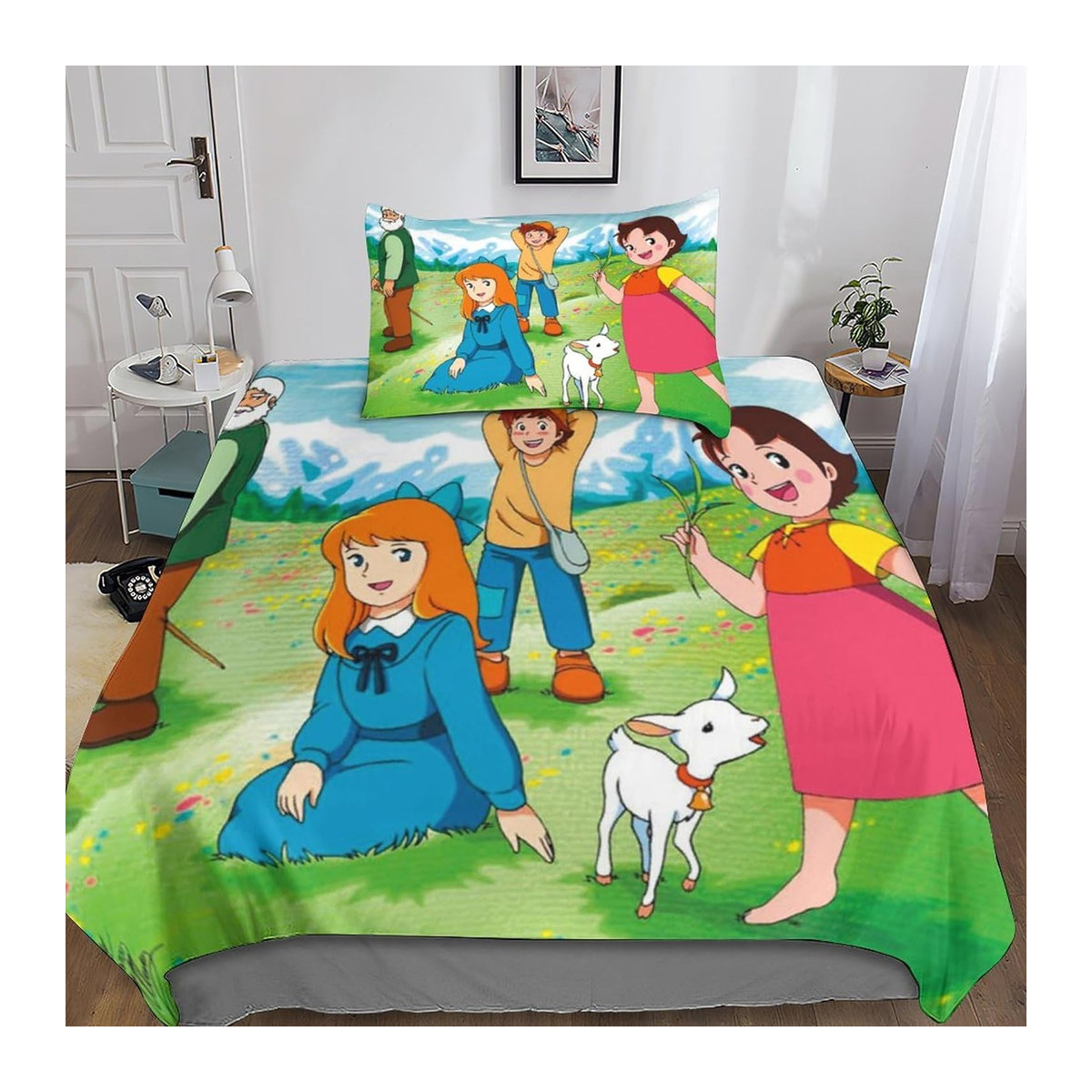 Bettwäscheset mit Anime Mädchen und Heidi Cartoon Druck von Allbestart inklusive Kissenbezug, Bettdeckenbezug mit Reißverschluss, B/T/H: 135 x 200 cm und 75 x 50 cm - Bild 1