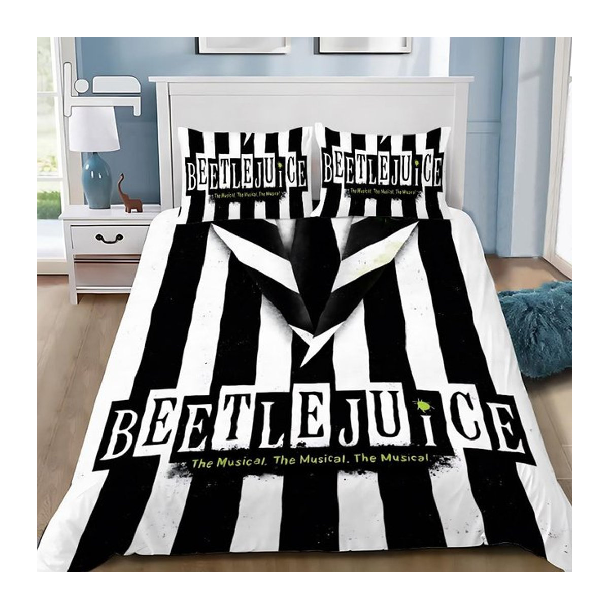 Bettwäscheset mit Bettbezug und Kissenbezug Beetlejuice Design in Schwarz-Weiß für Erwachsene und Kinder, 3-teilig, Breite: 135 cm, Länge: 200 cm - Bild 1