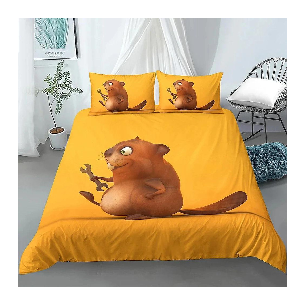 Bettwäscheset mit Cartoon Biber Motiv für Kinder und Jugendliche, 3-teiliges Set aus Bettbezug und Kissenbezügen aus Polyester, B/H: 135 x 200 cm - Bild 1