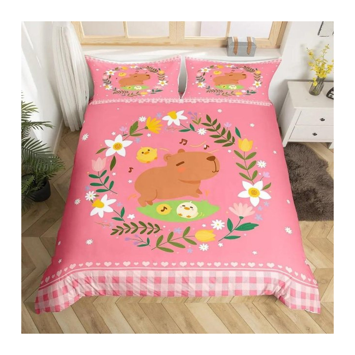 Bettwäscheset mit Cartoon-Capybara-Aufdruck inklusive 1 Bettbezug und 2 Kissenbezügen, B/H: 90 x 200 cm - Bild 1