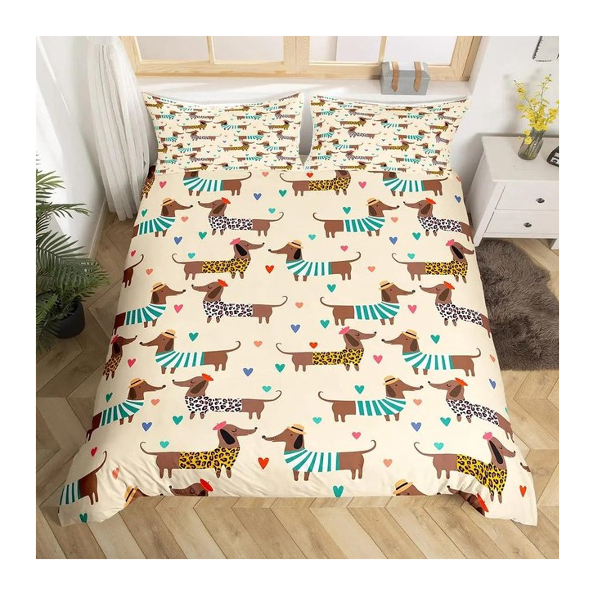 Bettwäscheset mit Cartoon-Dackel in Silber, 2-teiliges Bettbezug-Set aus Polyester mit süßem Welpen-Print, B/H: 140 x 210 cm - Bild 1