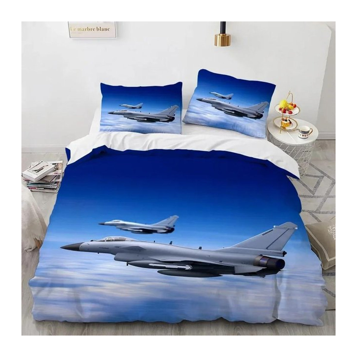 Bettwäscheset mit Flugzeug und Jagdflugzeug im Himmel Muster für Kinder, bestehend aus Bettbezug und Kissenbezug, B/H: 133 x 70 cm - Bild 1