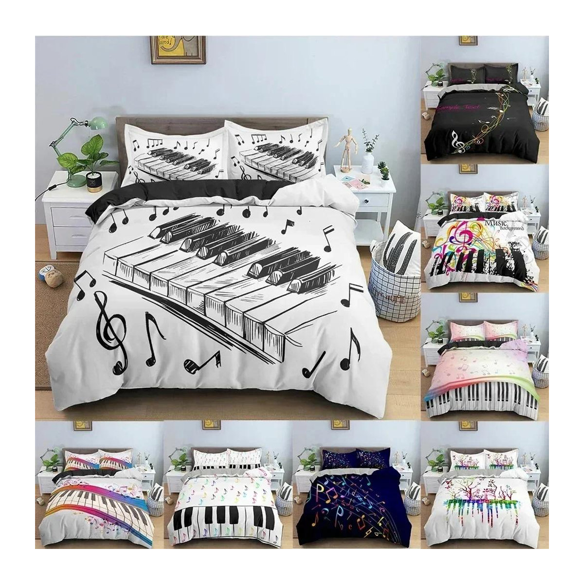Bettwäscheset mit Klavier- und Musiksymbol-Muster, multicolor, mit Reißverschluss, 70 x 133 cm - Bild 1