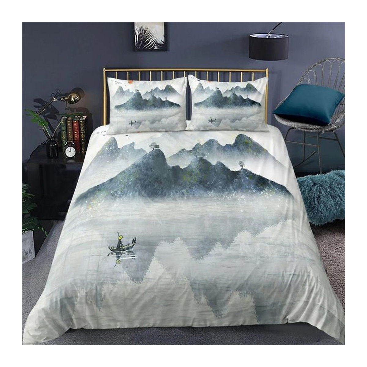 Bettwäscheset mit Naturlandschaft im chinesischen Tuschmalerei-Stil, Bergfluss, Polyester, B/H: 200 x 230 cm - Bild 1