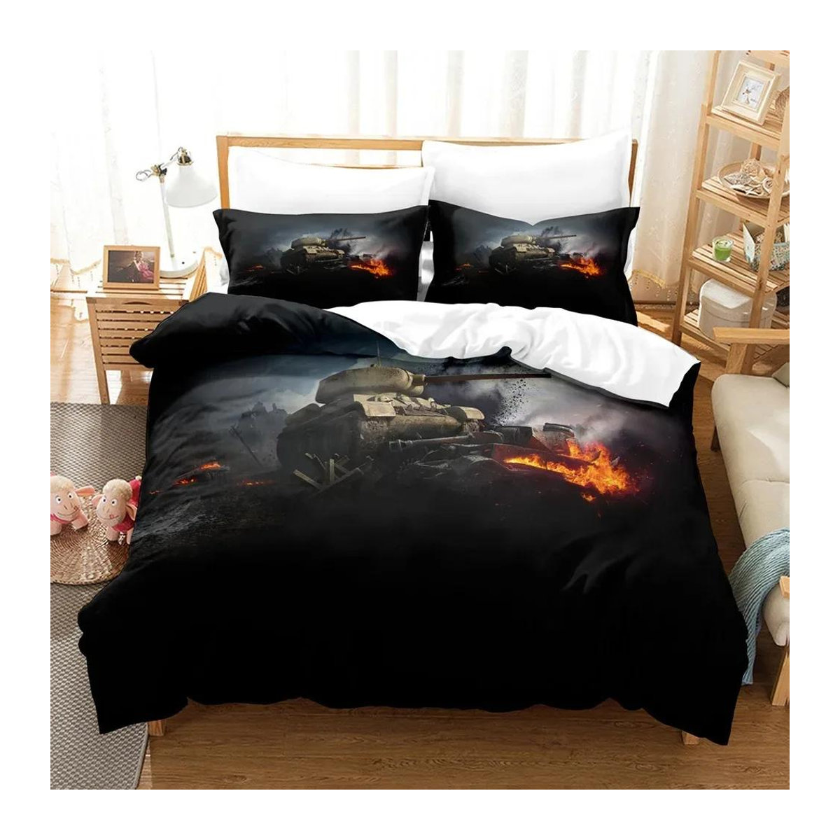 Bettwäscheset mit Panzer-Kriegsszene Motiv für Kinder, bestehend aus Bettdeckenbezug und Kissenbezug, B/H: 133 x 70 cm - Bild 1