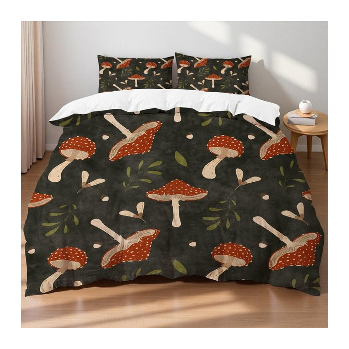 Bettwäscheset mit Pilz-Motiv, bunte Blätter und Schmetterlinge, Monika Chen, Single, B/H: 135 x 200 cm - Bild 1