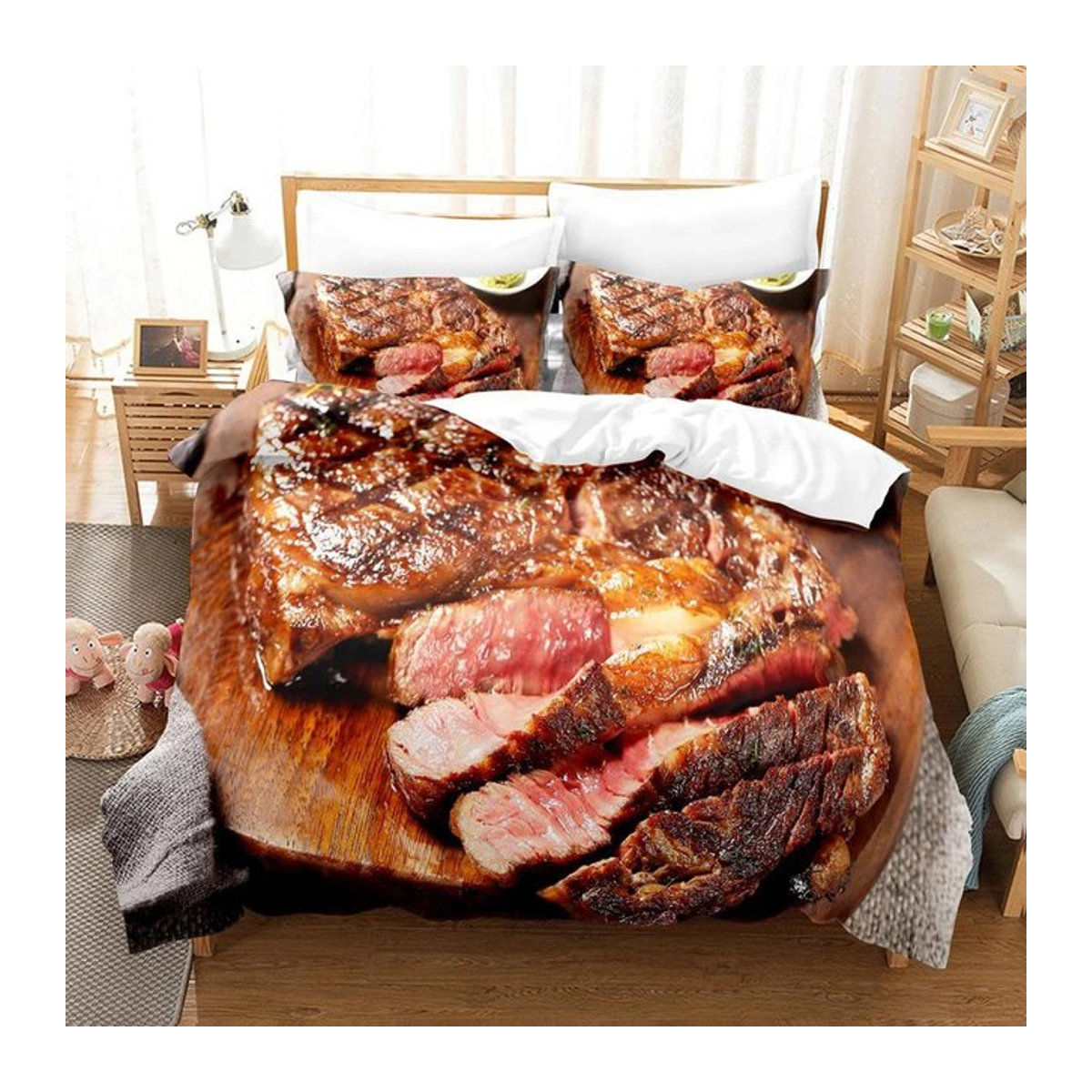 Bettwäscheset mit Rindersteak 3D-Druck von Your Warm Home, Bettbezug mit Reißverschluss, B/T: 135 x 200 cm - Bild 1