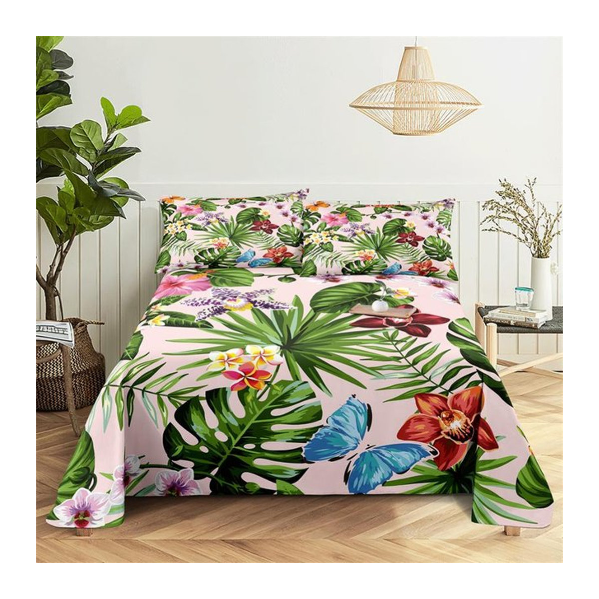 Bettwäscheset mit Tropische Blume Design von Binchi Outdoor Product, mehrfarbig, bestehend aus Spannbettlaken und Kissenbezügen, B/T: 230 x 230 cm - Bild 1