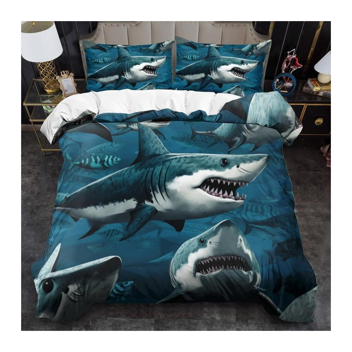 Bettwäscheset Monika Chen mit Tiefseehai-Druck, 3-teilig, Blau, B/H: 140 x 210 cm - Bild 1