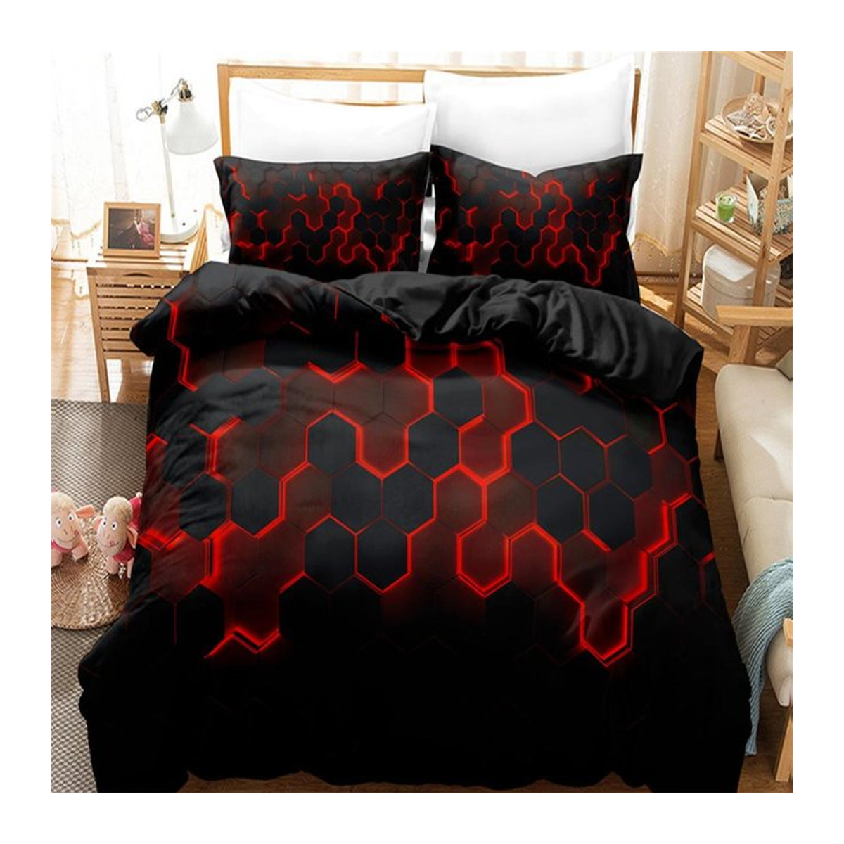Bettwäscheset Monika Chen mit Wabenmuster in Schwarz und Rot, 3-teilig bestehend aus 1 Bettbezug und 2 Kissenbezügen, B/H: 135 x 200 cm - Bild 1