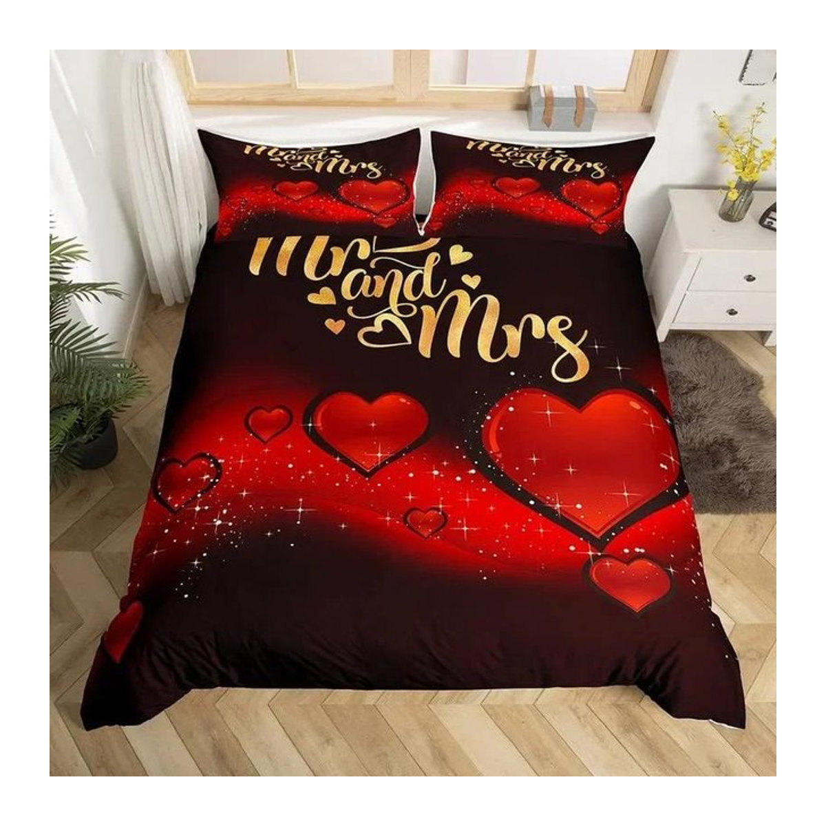 Bettwäscheset Mr. Mrs. aus Mikrofaser mit romantischem Hochzeitsthema und Liebesherzen, 3-teilig, B/B: 180 x 220 cm - Bild 1