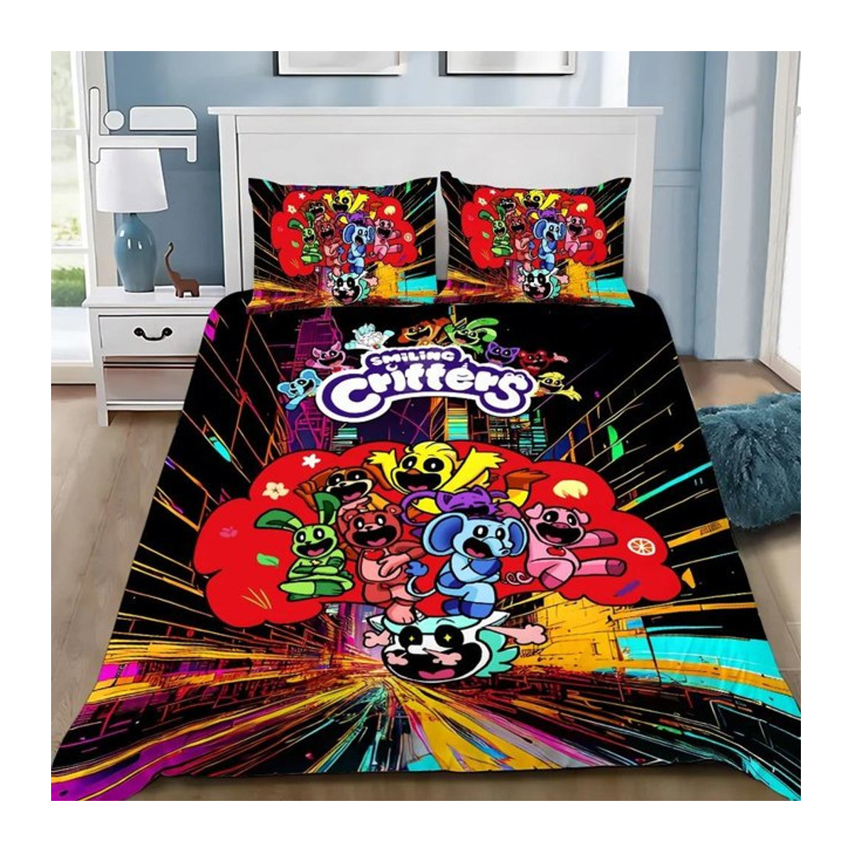 Bettwäscheset Smiling Critters Cartoon mit Kissenbezug für Kinder und Erwachsene, Farbe: Schwarz, B/H: 140 x 210 cm - Bild 1