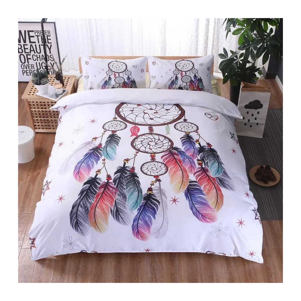 Bettwäscheset Traumfänger Bohemian Mandala mit Federn und Reißverschluss, 2-teilig, Breite: 133 cm, Länge: 200 cm (Hinweis: Die Angabe 70x133cm im Original wurde als Maß für den Kissenbezug interpretiert, die Bettwäschegröße wurde basierend auf dem Kontex - Bild 1