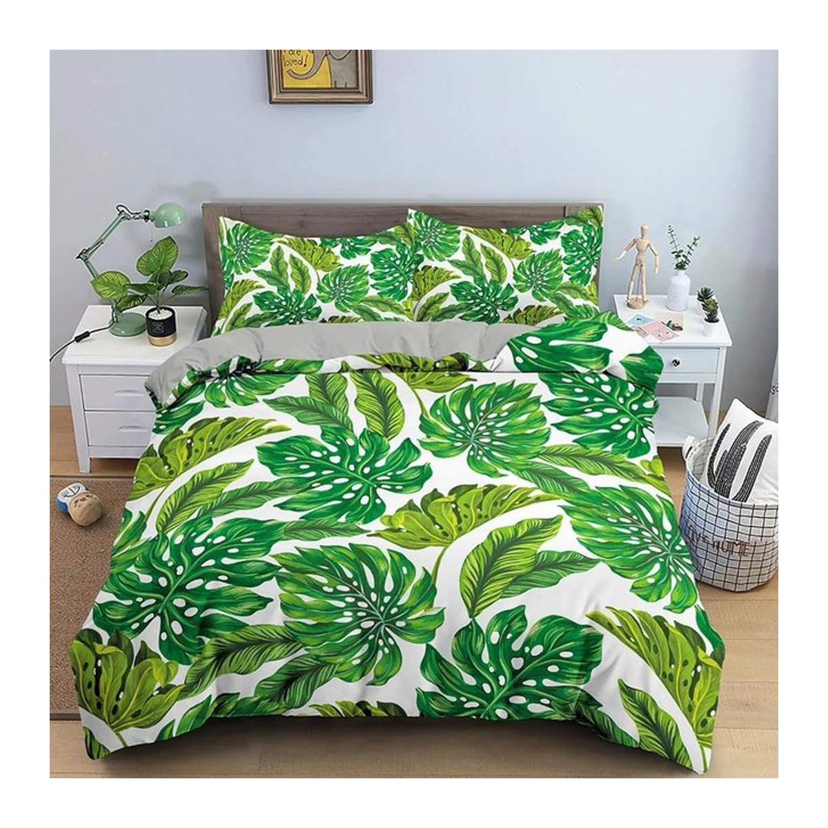 Bettwäscheset Your Warm Home mit tropischen Pflanzen in Grün, 2-teilig aus Polyester mit Reißverschluss, Breite: 70 cm, Länge: 133 cm - Bild 1