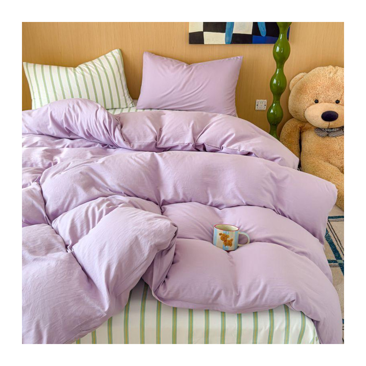 Bin Chi Textiles Bettwäsche-Set Lila Gestreift mit Herzmuster, 3-teiliges Steppset für Twin, B/T/H: 150 x 200 cm - Bild 1