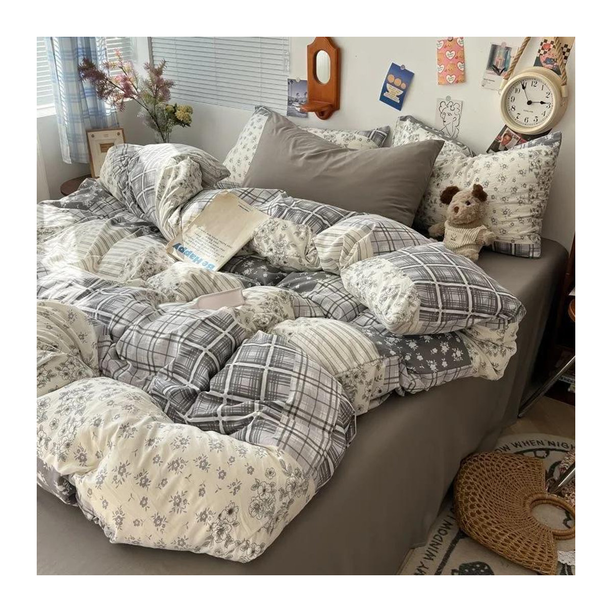 Bin Chi Textiles Kawaii Bettwäsche-Set mit Blumendesign und Karomuster, bestehend aus Bettbezug, Kissenbezug und Spannbettlaken, Single, B/H: 150 x 200 cm - Bild 1
