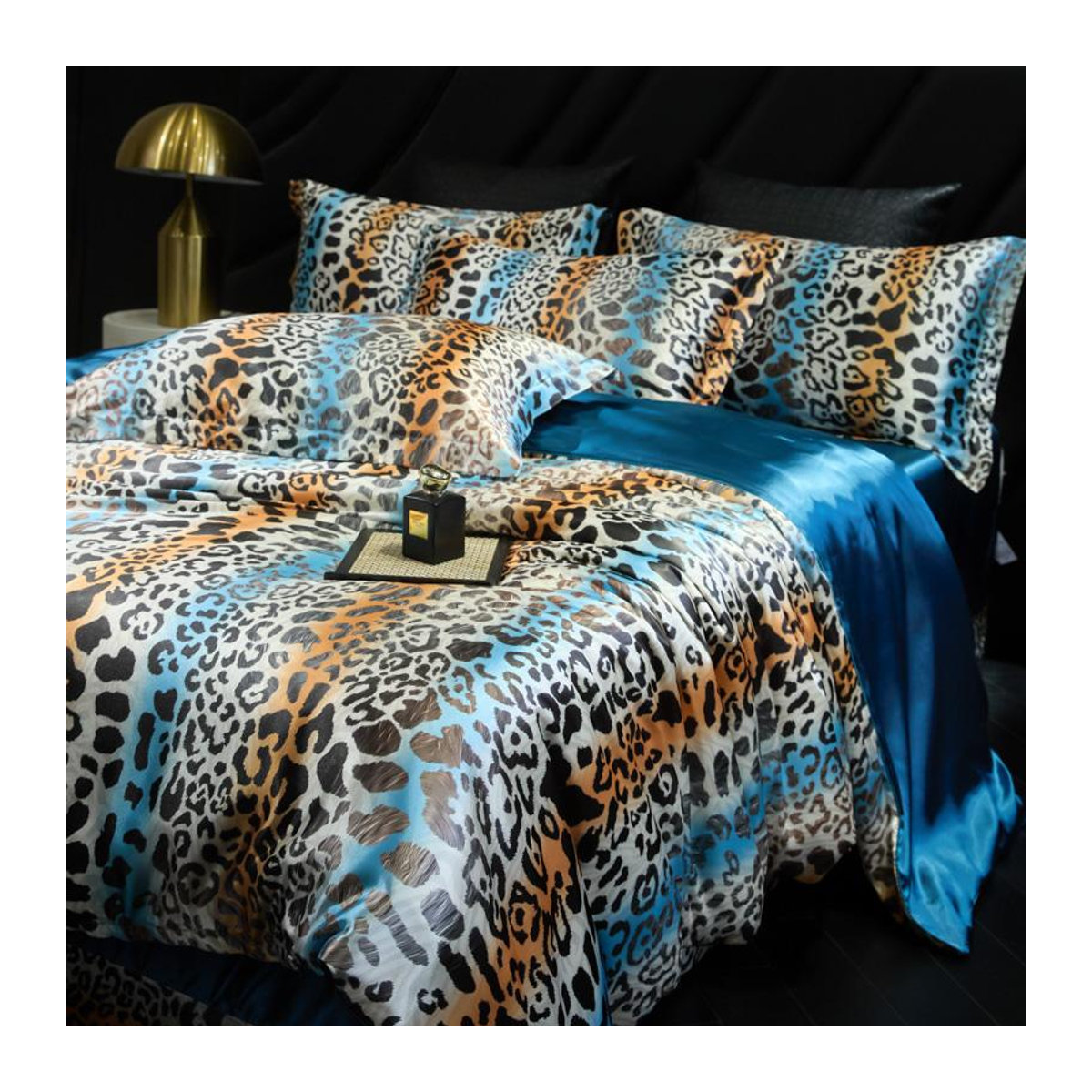Bin Chi Textiles Seidensatin Bettwäsche-Set mit Leopardenmuster in Multicolor, 4-teiliges Kombinationsset mit Reißverschluss - Bild 1