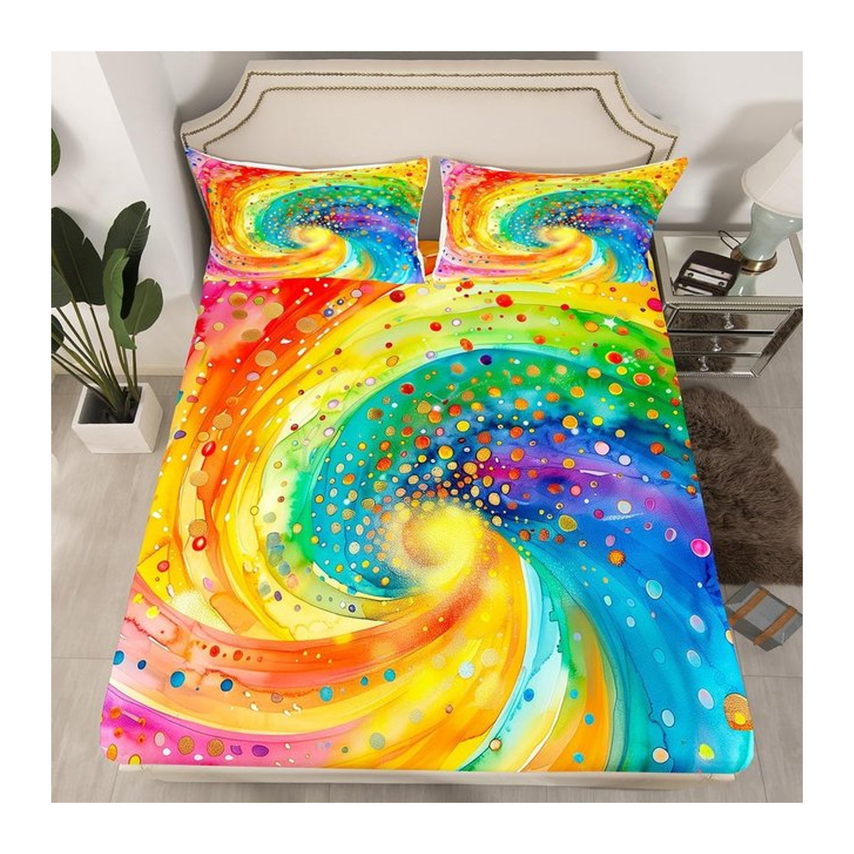 Binchi Fitness Regenbogen Spannbettlaken Set für Kinder mit 2 Kissenbezügen, Multicolor, B/T/H: 90 x 200 cm, Taschentiefe: 30 cm - Bild 1
