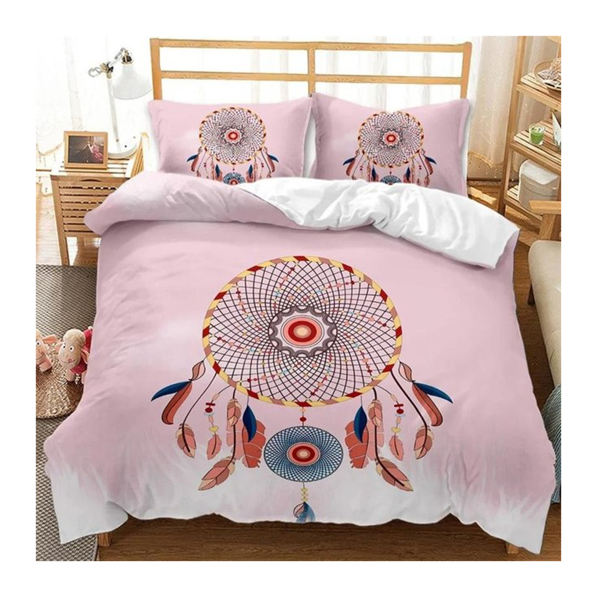 Binchi Fitness Traumfänger Bettwäsche im Boho-Stil mit Mandala-Design, Weiß und Rosa, B/H: 135 x 200 cm - Bild 1