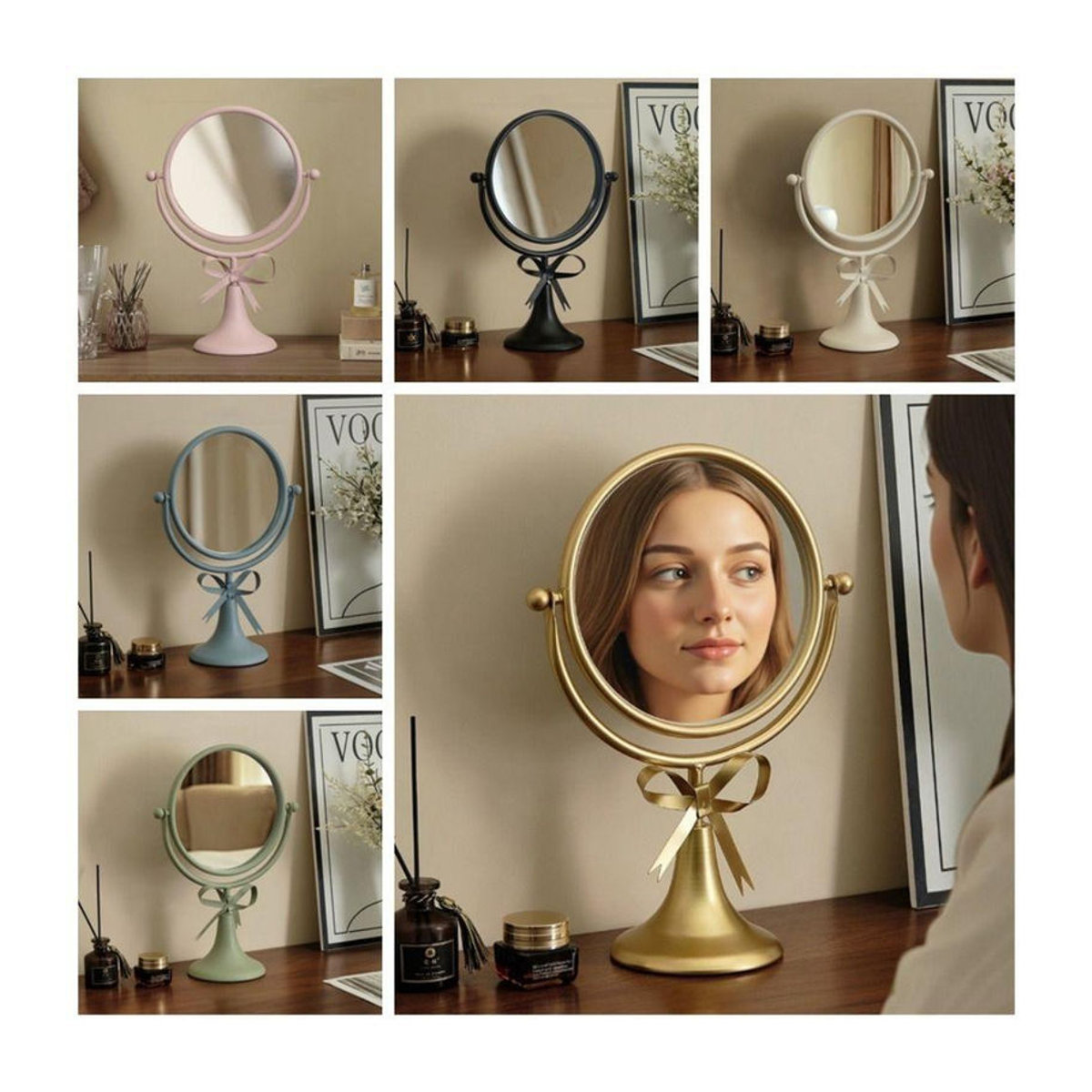 Binchi Health Technology Schminkspiegel mit 360 Grad Rotation, ovaler Metallrahmen mit Schleife in Schwarz und Gold, stehender Tischspiegel für Dekoration und Glamour - Bild 2