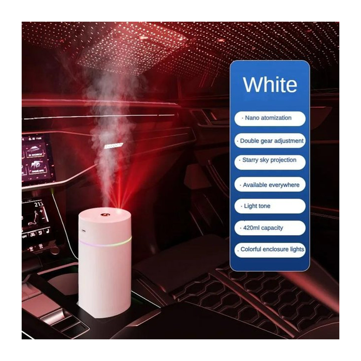 Binchi Keji Travel Starry Zenithcar Auto-Diffusor, wiederaufladbarer USB-Luftbefeuchter mit Sternenhimmel-Projektion und Atmosphärenlicht, weiß - Bild 1