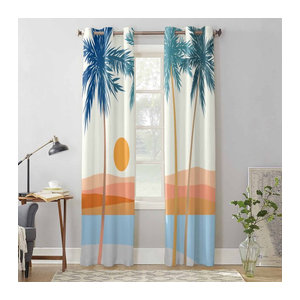 Binchi Outdoor Equipment Boho Fenster Vorhang mit abstraktem Sonnen- und Kokospalmen-Design, mehrfarbig, B: 135 cm, H: 92 cm