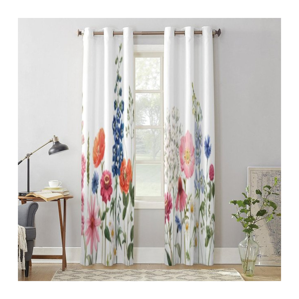Binchi Outdoor Equipment Fenster Vorhang mit handgezeichnetem Feld-Wildblumen-Design, halbtransparent, Weiß, Breite: 135 cm, Höhe: 60 cm - Bild 1