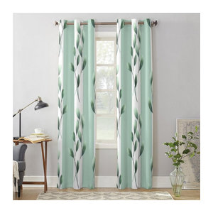 Binchi Outdoor Equipment Fenstergardinen mit grünem Blätter- und Streifenmuster, transparente Vorhänge für Wohnzimmer und Küche, Breite: 135 cm, Höhe: 60 cm