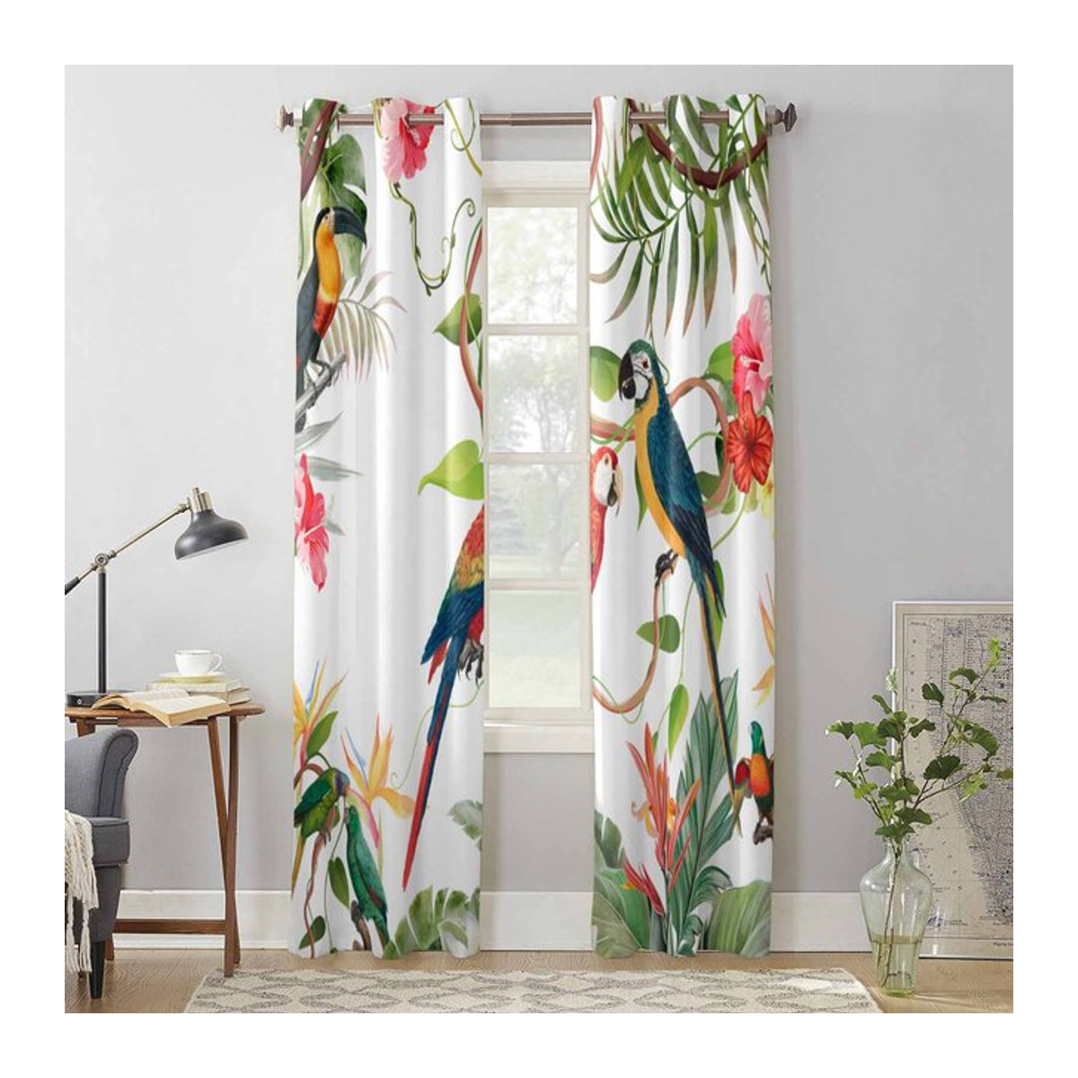 Binchi Outdoor Equipment Halbtransparente Fenstervorhänge mit Tropischen Blättern, Papageien und Blumen für Wohnzimmer, Schlafzimmer und Küche, B: 135 cm, H: 160 cm - Bild 1