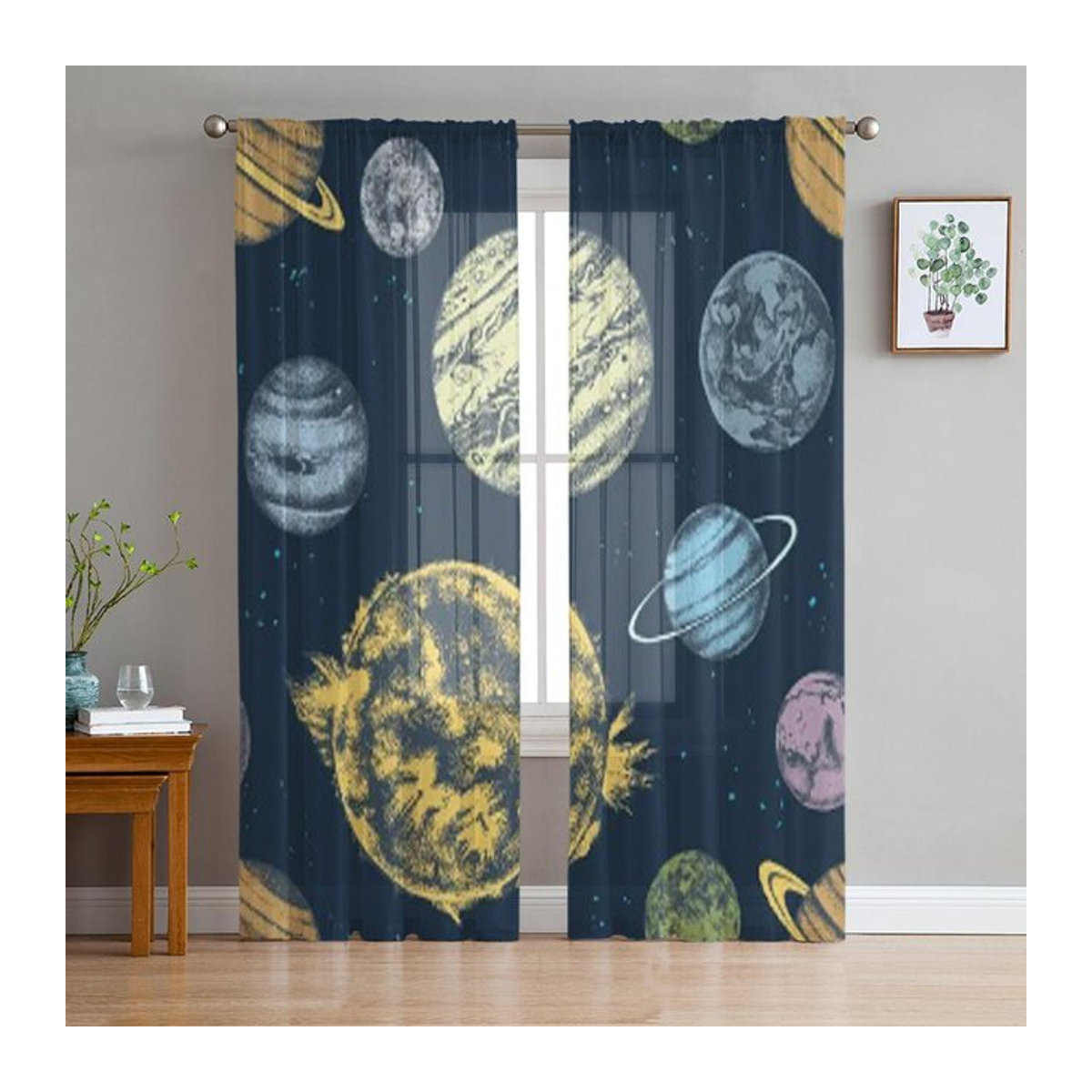 Binchi Outdoor Equipment Planeten des Sonnensystems Transparente Tüll-Vorhänge Multicolor, B: 135 cm, H: 114 cm - Bild 1
