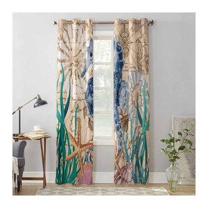 Binchi Outdoor Equipment Retro Fenster Vorhang mit Seepferdchen Seetang Seestern und Muschel Design, mehrfarbig, Breite: 135 cm, Höhe: 60 cm