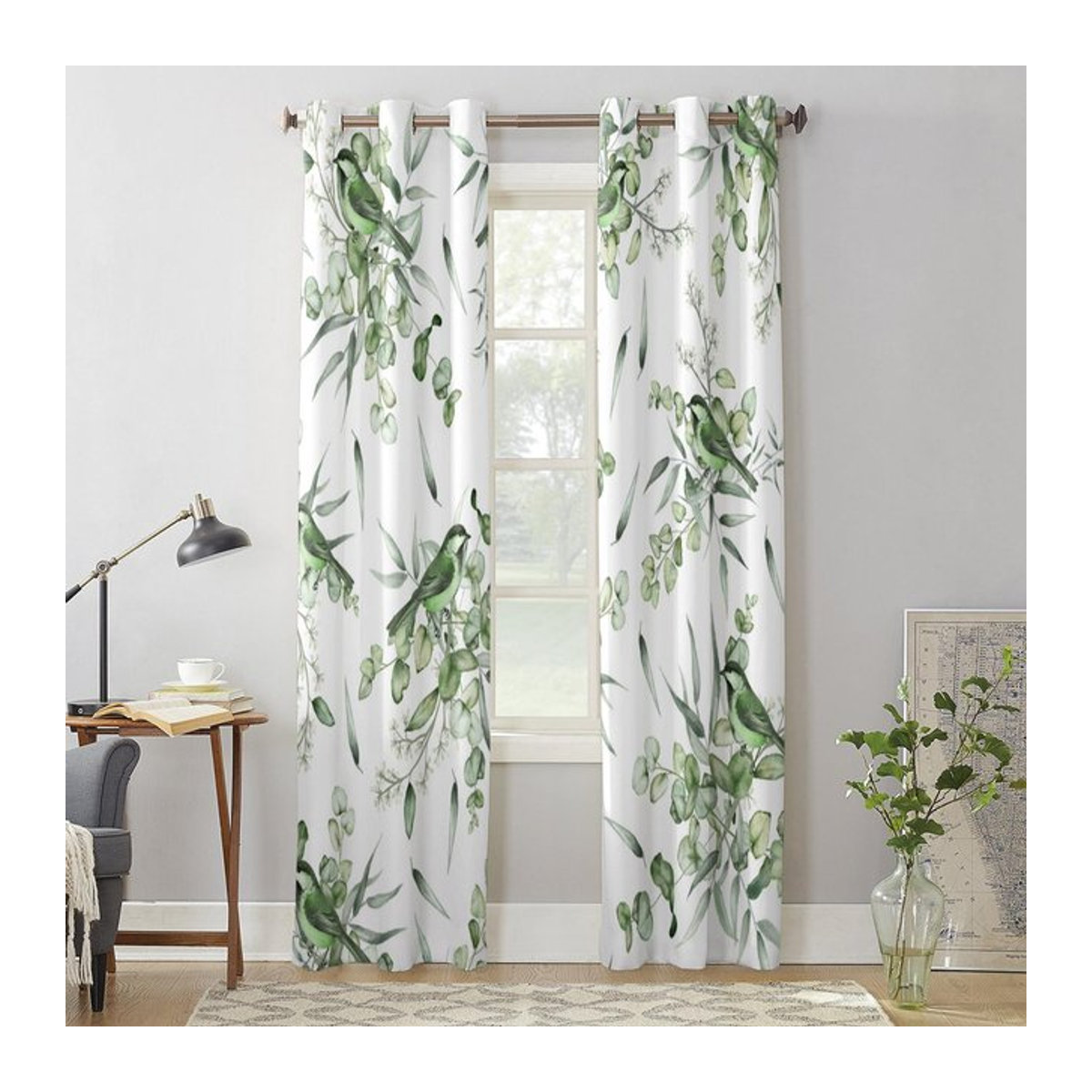 Binchi Outdoor Equipment Semi-transparente Fenstervorhänge mit Sommergrünen Blättern und Vögeln im Aquarell-Design, Farbe: Grün, B: 135 cm, H: 60 cm - Bild 1